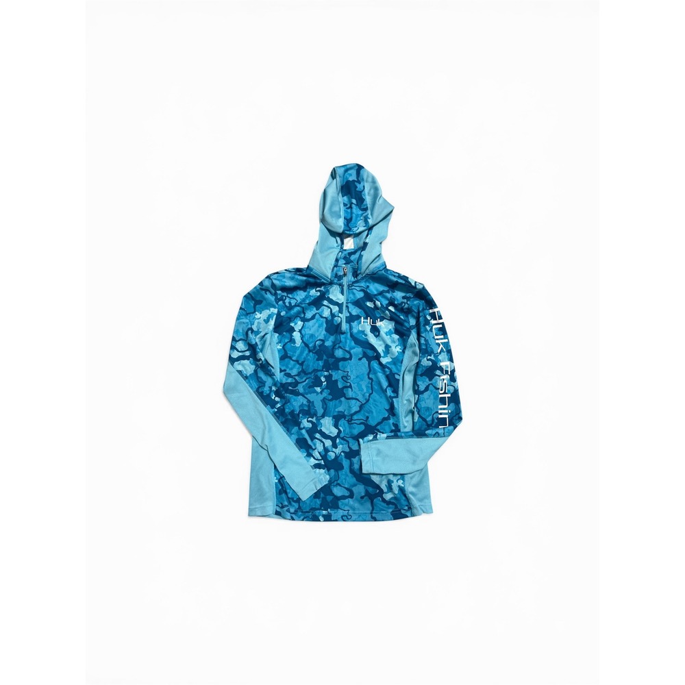 Huk Pursuit Camo Quarter Zip Fishing Hoodie NWOT Blue Performance Sun Shirt